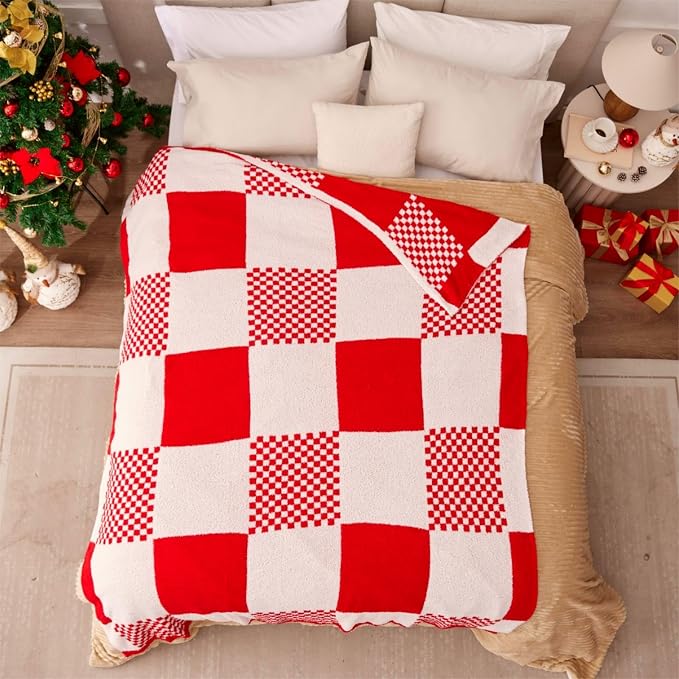 Red Checkered Twin Blanket for Christmas, Buffalo Plaid Throw Blanket Ultra Soft Warm Lux Microfiber Yarn Blanket for Couch, Reversible Cozy Knitted Blanket,Red White,60"x80"