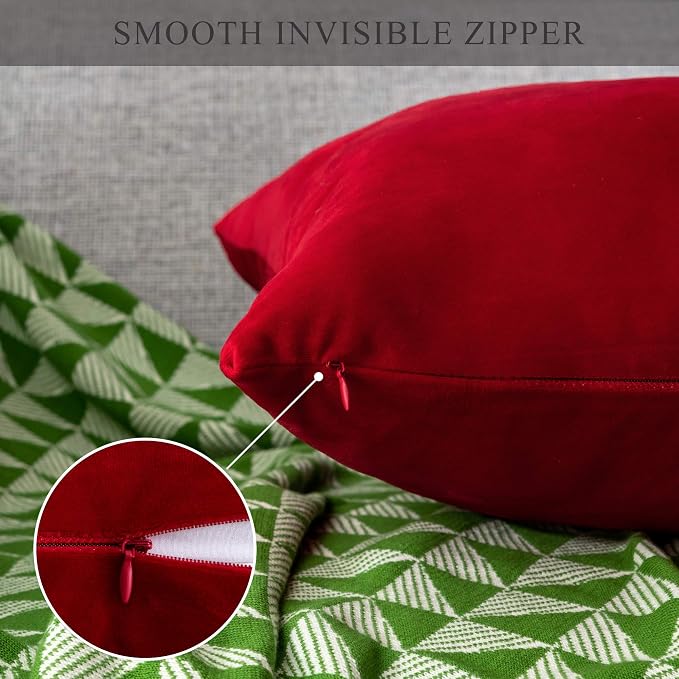 Stellhome New Year/Christmas Decorations Velvet Throw Pillow Covers Square Soft Cushion Covers for Bed Couch Sofa Bench, 18 x 18 inch (45 x 45 cm), Red, Pack of 2