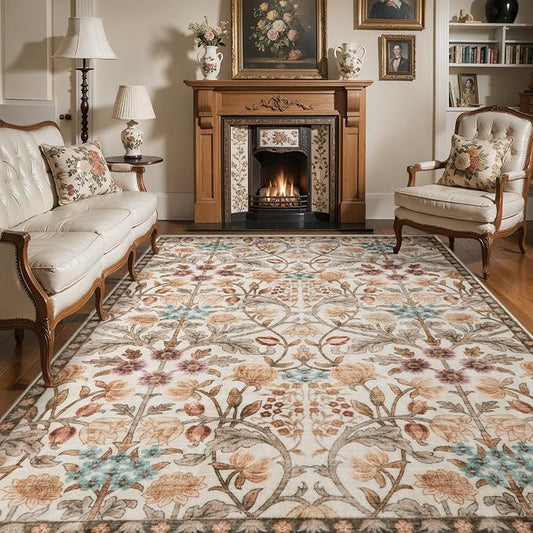 Ciicool 4x6 Washable Area Rug Floral Living Room Rugs for Bedroom Bedside | Soft Low Pile Carpet for Hallway Entryway Playroom Laundry Office Home Boho Non-Slip Black Carpets