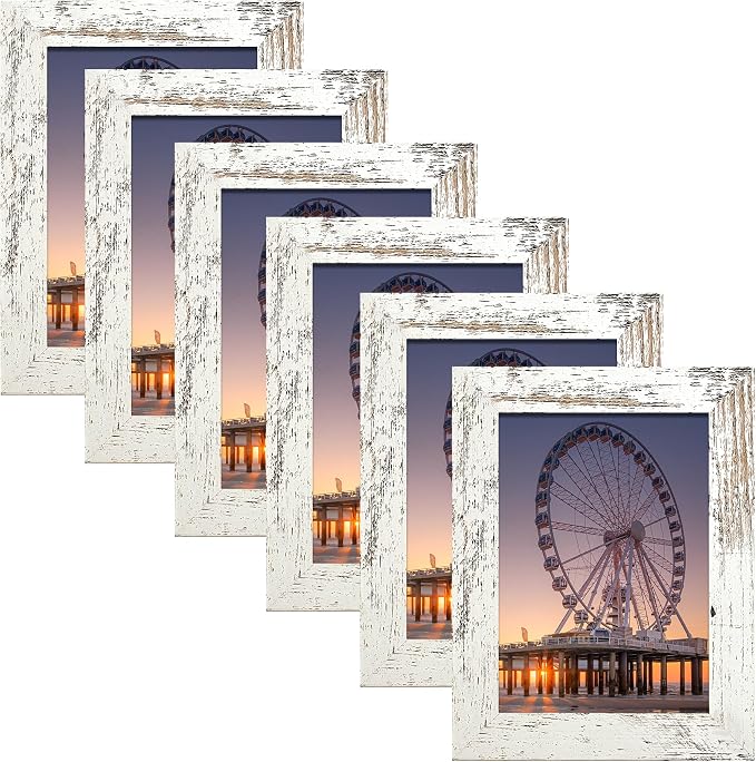 BESCRCL 4x6 Picture Frame Engineered Wood Set of 6, Distressed White Wooden Frame 4 x 6 for Wall or Tabletop