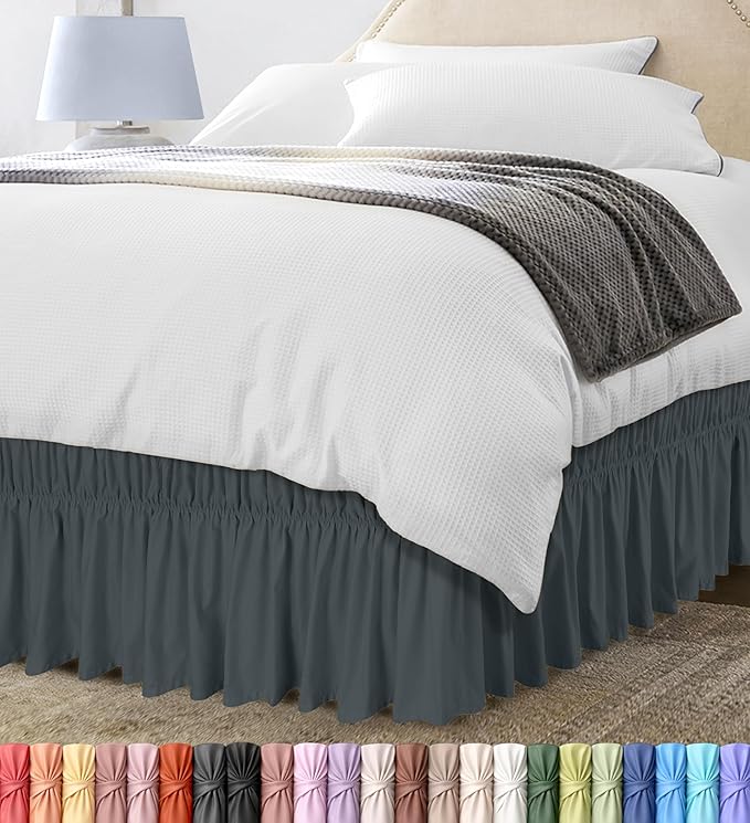 Wrap Around Twin Bed Skirt, Easy Fit Elastic Belt, 16 Inch Drop, Grey | No Mattress Lifting, Stay-Put Design, Adjustable Buckle & Elastic Belt, Wrinkle & Fade Resistant, Brushed Microfiber