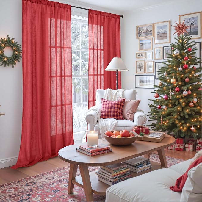 BGment Red Linen Curtains for Living Room 84 Inch Length - Semi Sheer Window Drapes Textured with Rod Pocket for Bedroom Decor Lightweight Light Filtering, 2 Panels Set, Each Panel 52 Inch Wide