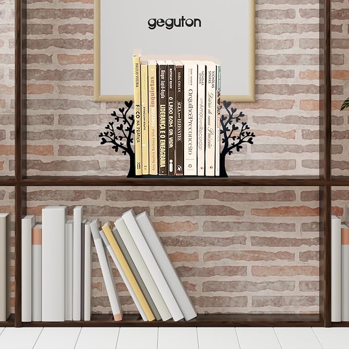 Tree Bookends with Heart-Shaped Leaves - Steel with Epoxy Coating and Wood Base - Decorative Pair of Book Holders for Shelves and Desk - Black – Geguton