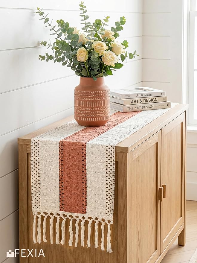 FEXIA Boho Table Runner for Home Decor 12x72 Coral Farmhouse Decorations | 72 Inches Long with Tassels Rustic Table Runner Macrame Burlap Centerpieces for Living Dining Room Bedroom Kitchen