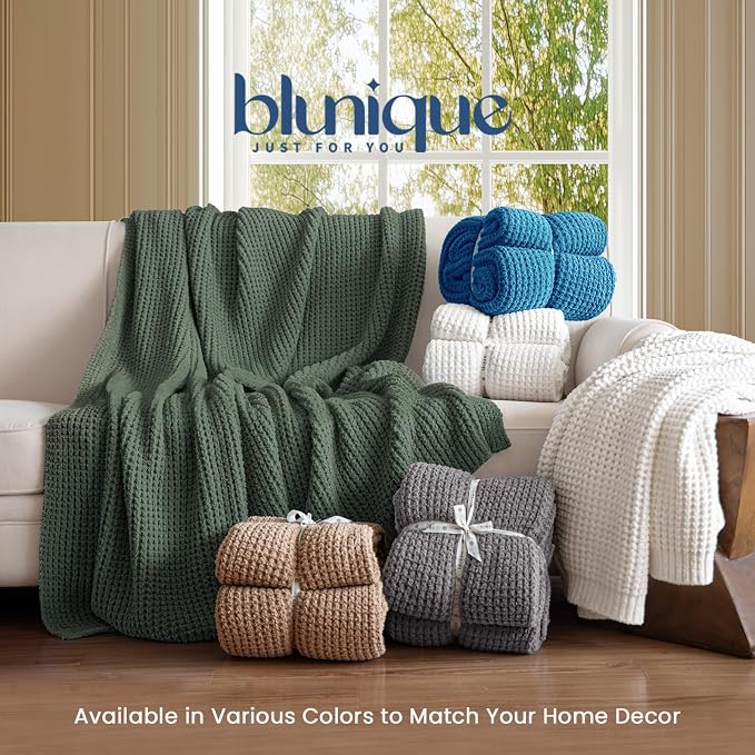 Waffle Knit Throw Blanket for Couch, Soft Cozy Chunky Knit Thick Knitted Blanket for Sofa, Bed, Gift for Women Girls Home Decor (Off White, Throw 50"x60")