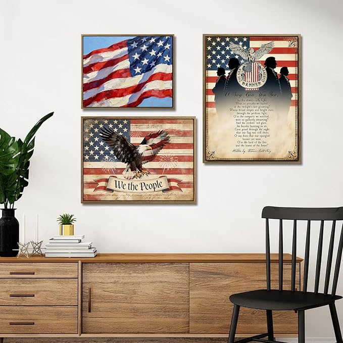 American Flag Framed Canvas Wall Art, 4th of July Patriotic Canvas Prints | USA Flag with Bald Eagle Poster Print, Vintage Independence Day Wall Decor for Bedroom Living Room 16×20in