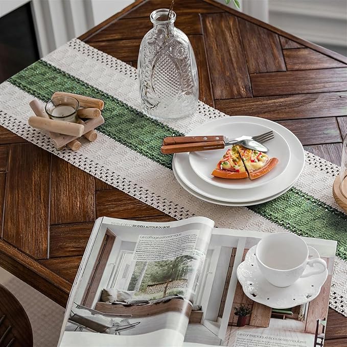 Macrame Table Runner Beige and Green Boho Runners with Tassels 12x95in | Alynsehom Hand Woven Cotton Table Runner Rustic Farmhouse Table Runners for Bohemian Kitchen Dining Table