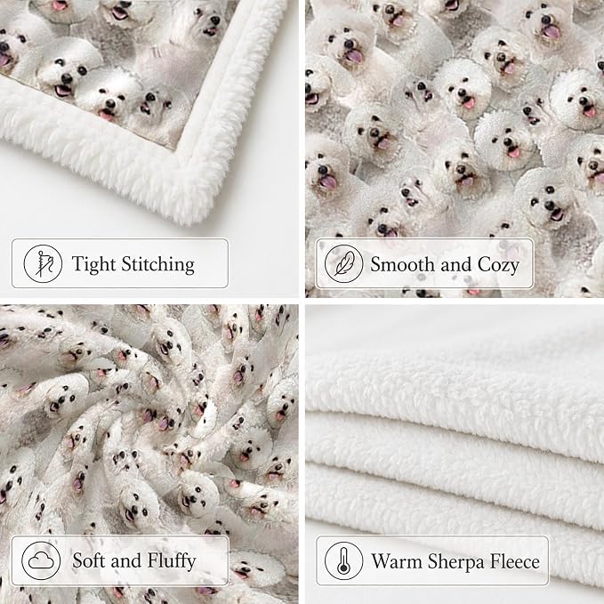 BlessLiving Throw Blanket, White Dog Animal Gift, 50x60 in | sherpa fleece fabric, Bichon Frise Dense Pet Blankets Puppy print, for couch or sofa, pet lovers, easy machine care