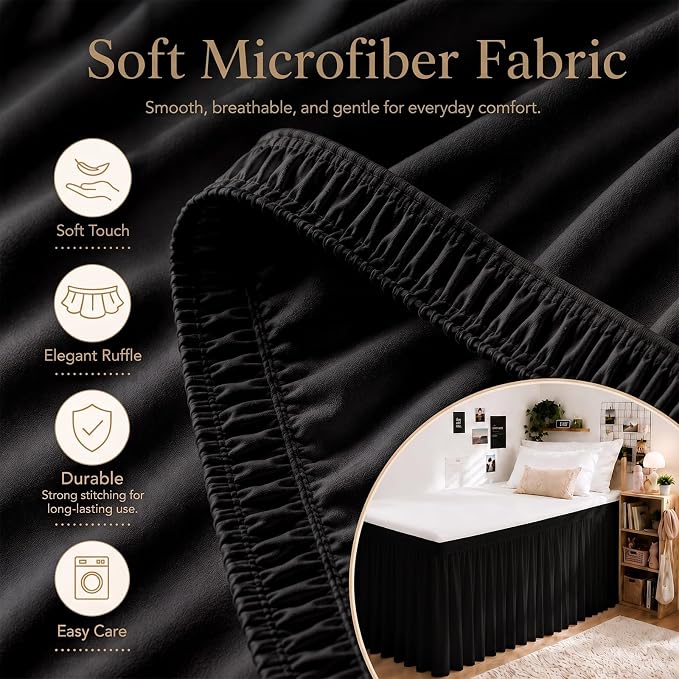 Black Twin XL College Dorm Bed Skirt 32" Drop, Elastic Wrap Dust Ruffle | Raised Bed Fit, Hides Underbed Storage, No Mattress Lifting, Soft Microfiber, Durable Fabric, Machine Washable, Clean Look