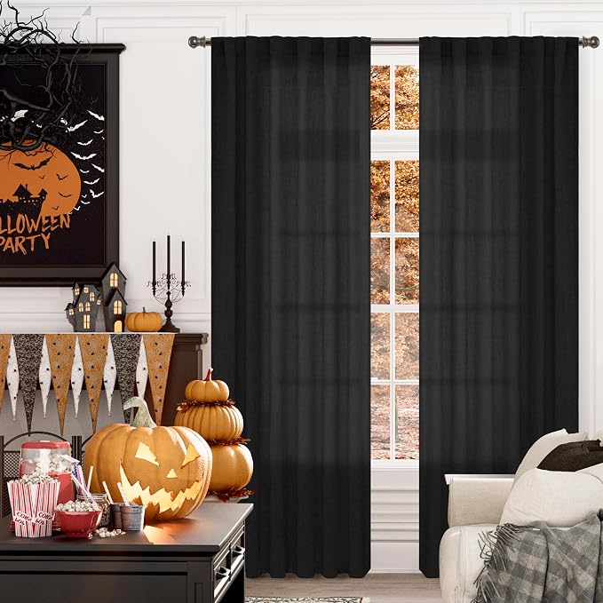 YoungsTex Black Linen Curtains 84 Inch Length Semi Sheer for Living Room | Rod Pocke Drapes Light Filtering Privacy for Dining Bedroom Back Tab, 2 Panels, 52 X 84 Inch