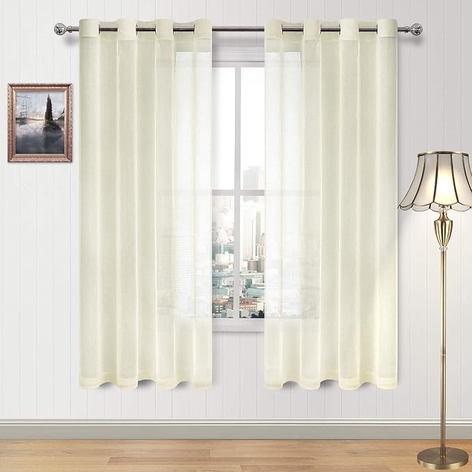 DWCN Ivory Sheer Curtains Linen Look Semi Transparent Voile Grommet Curtains for Living Room Bedroom Drapes 52 x 72 inches Long, Set of 2 Panels