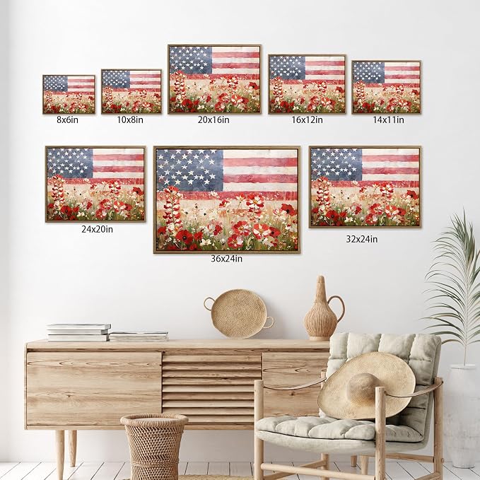 American Flag Framed Canvas Wall Art, 4th of July Patriotic Canvas Prints | Wildflower Meadow Landscape Poster Print, Vintage Rustic Independence Day Wall Decor for Bedroom Living Room 24×32in