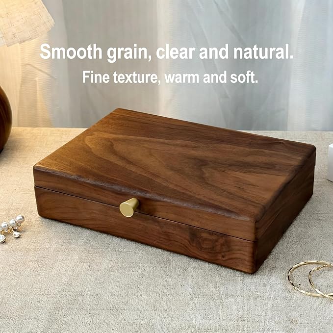 Bescott 1 Layer Solid Black Walnut Wooden Jewelry Box for Women Wood Vintage Organizer for Men Earrings Rings Necklaces Bracelet Watch Storage