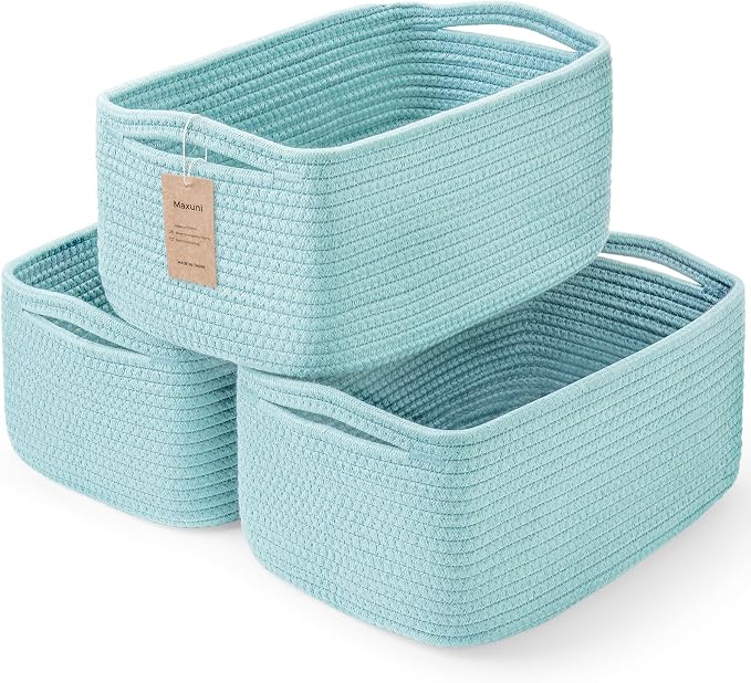 3 Pack Storage Baskets for Organizing, 13.7×9.5×6.3", Light Blue | Woven Baskets for Shelves, Cotton Rope Basket for Gifts Empty, Closet Organizer Bins with Handles, Cube Decorative Box