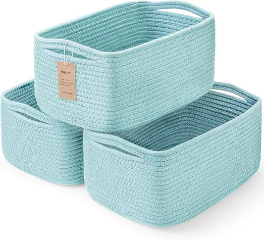 3 Pack Storage Baskets for Organizing, 13.7×9.5×6.3", Light Blue | Woven Baskets for Shelves, Cotton Rope Basket for Gifts Empty, Closet Organizer Bins with Handles, Cube Decorative Box