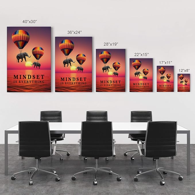 Smile Art Design Mindset is Everything Elephant with Balloon Sunset View Motivational Wall Art Canvas Print Inspirational Entrepreneur Quote Modern Office Decor Artwork Gift Ready to Hang 28x19