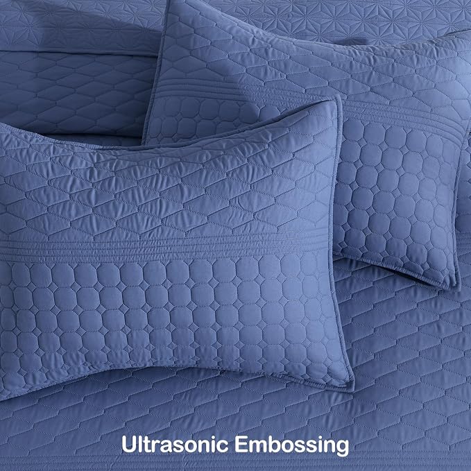 HORIMOTE HOME Denim Blue Twin Size Quilt Set - Soft Microfiber Bedspread with 1 Sham, Lightweight & All-Season Geometric Coverlet for Cozy Bedding