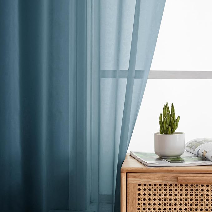 Simplebrand Dusty Blue Short Sheer Curtains 45 Inch Length for Small Windows, Rod Pocket 2 Panels Set Solid Voile Drapes Window Sheer Curtains for Bedroom Bathroom Kids Room Kitchen, 42x45 Inch, 2pcs