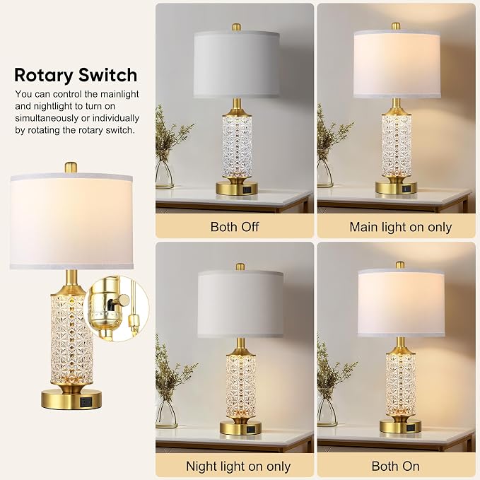 QiMH Gold Glass Table Lamps Set of 2, Nightstand Lamps for Living Room