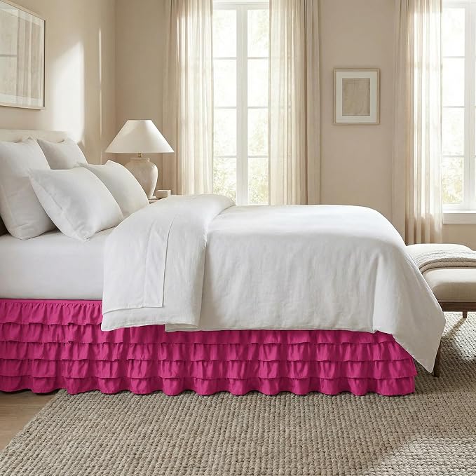 Elegant Comfort Luxurious Premium Quality 1500 Thread Count Wrinkle and Fade Resistant Egyptian Quality Microfiber Multi-Ruffle Bed Skirt - 15inch Drop, California King, Pink
