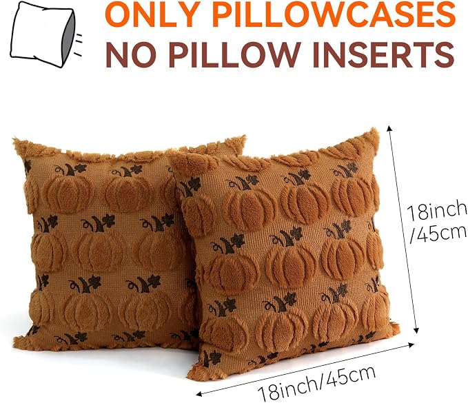 Thmyo Fall Throw Pillow Covers 18x18 inch Set of 2 Pumpkin Decorative Pillow Cases with Embroidery, Soft Plush Faux Fur Wool Square Cushion Covers for Sofa Couch Bed Home Winter Autumn Harvest Decor
