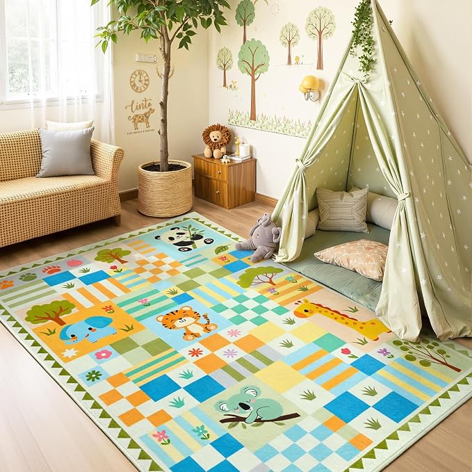 5x7 Soft Washable Playroom Rug, Non-Slip Green Safari Jungle Animal Area Rug, Cute Colorful Checkered Woodland Carpet for Girls Bedroom Decor