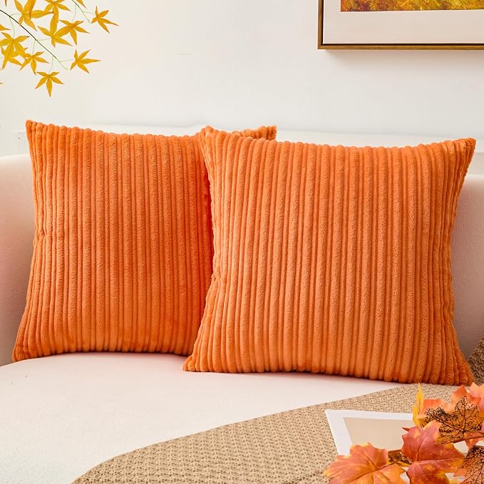 Kevin Textile Striped Corduroy 22”x22” Pillow Covers 2 Pack, Orange