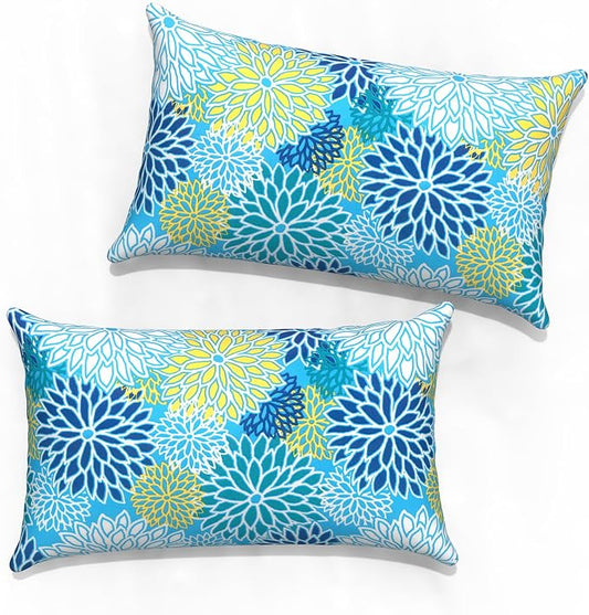 Outdoor Lumbar Pillow Covers 12”x20”, Rectangle Throw Pillow Covers for Patio Furniture, Decorative Lumbar Cushion Case for Garden Balcony Couch Office Chair, Pack of 2, Dahlia Blue