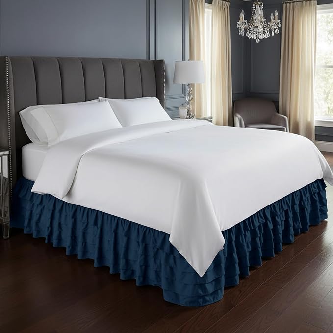 Elegant Comfort Luxurious Premium Quality 1500 Thread Count Wrinkle and Fade Resistant Egyptian Quality Microfiber Multi-Ruffle Bed Skirt - 15inch Drop, Full, Navy Blue