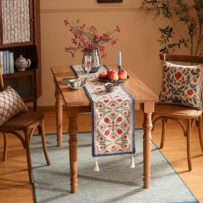Patdrea Designer French Elegant Linen Table Runner,12"X87"-Puno B | Vintage Tablerunner 87 Inches Long,Colorful Floral Pattern,Decorative Runner for Dining Room Living Room Banquet