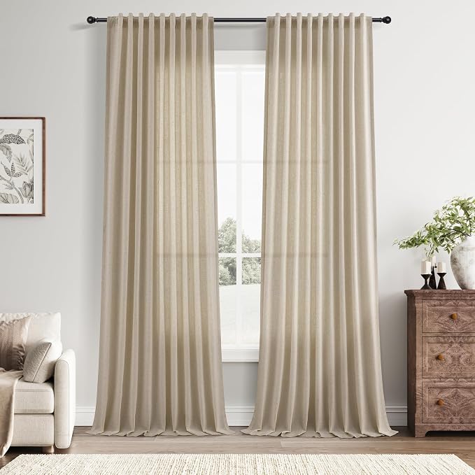 Linen Curtains 96 Inches Long for Living Room Back Tab Semi Sheer Floor to Ceiling 8ft Light Filtering Curtain Boho Farmhouse Decor Window Drapes for Bedroom 52x96 2 Panels Eggshell Beige