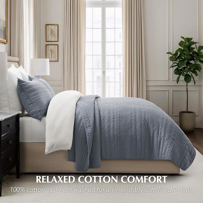EVERGRACEHOME 100% Cotton Modern Lines Quilt Set King Size, Smoky Blue | Pre-Washed Soft Cotton, Striped Coverlet Bedspread, 3 Piece Lightweight Bedding Set for All Season, with 2 Pillow Shams