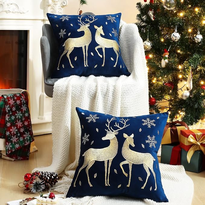 Lewondr Christmas Throw Pillow Cover, Gold Deer Snowflake, 20"x20", 2 Pack | Navy Blue, Soft Velvet, Embroidery Decorative, Luxurious Sofa Cushion Cover, Home Christmas Decoration