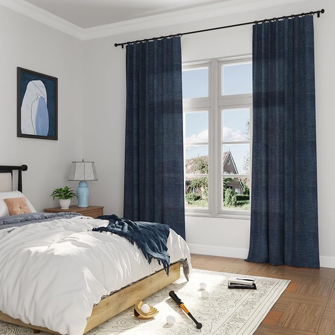 Navy Blue Linen Curtains 84 Inch Length for Living Room Bedroom 2 Panels Set Rod Pocket Light Filtering Semi Sheer Window Curtains 52 Inch Width Boho Farmhouse Linen Drapes, W52xL84