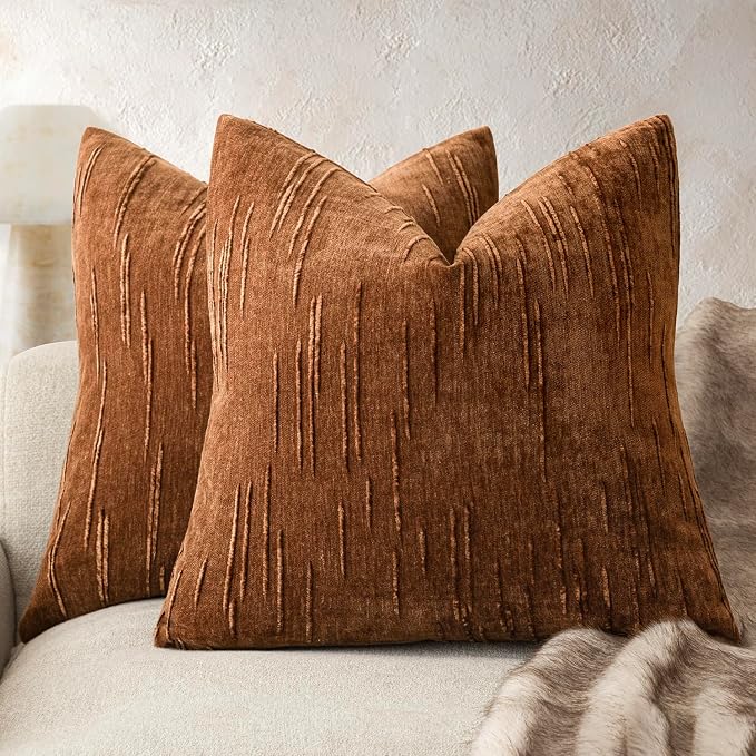 Foindtower Pack of 2 Slubby Textured Chenille Throw Decorative Pillow Covers Square Accent Solid Cushion Cover Fall Cozy Farmhouse Pillow Case for Couch Sofa Bed Living Room 18x18 Inch,Autumn Orange