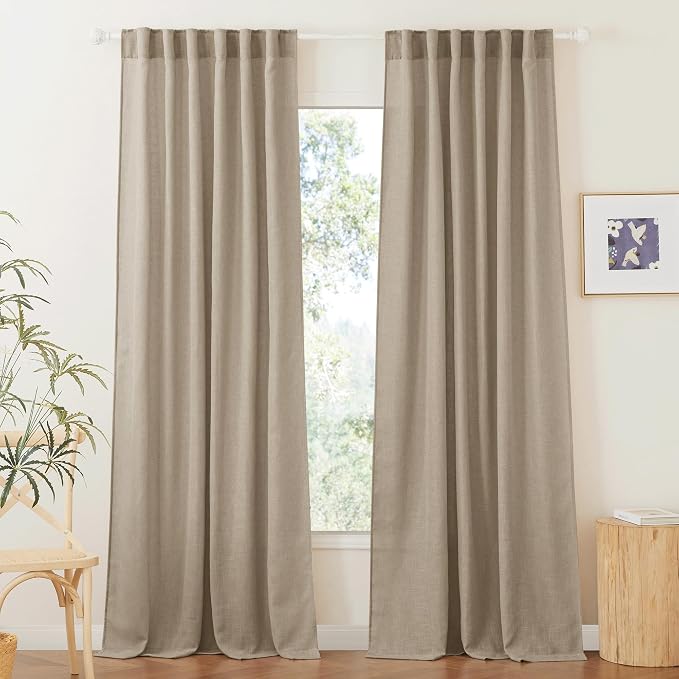 RYB HOME Farmhouse Boho Linen Sheer Curtains 90 inches Long for Living Room | Flax Linen Blend, Light Filtering, Semi Sheer, Wrinkle Resistance, Back Tab, Dorm Dining Room, W52 x L90, 2 Panels, Khaki