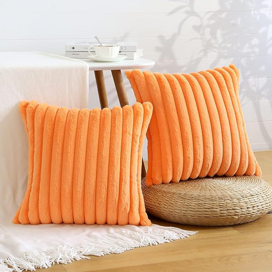 Soleebee Set of 2 Throw Pillow Covers Soft Cozy Velvet Pillowcase Faux Rabbit Fur Cover for Couch Sofa Bed Chair Home Decorative Pillows Cover (22x22 Inch, Orange)