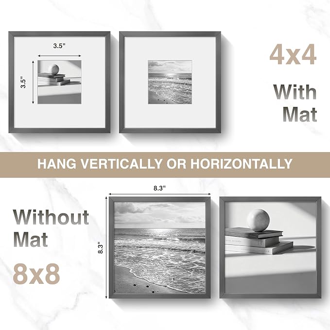 Fun Memories 8x8 Aluminum Picture Frame, Premium Square Photo Frames with Mat for 4x4 or Without Mat for 8 x 8, Simple and Elegant Decor for Wall Mounting, Grey, 1 Pack