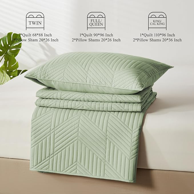 Davulos Queen Quilt Bedding Set,Sage Green Ultrasonic Full/Queen Quilt Set Reversible Microfiber Bedspread,Lightweight Soft Modern Geometric Coverlet Set for All Seasons(1 Quilt,2 Pillow Shams)