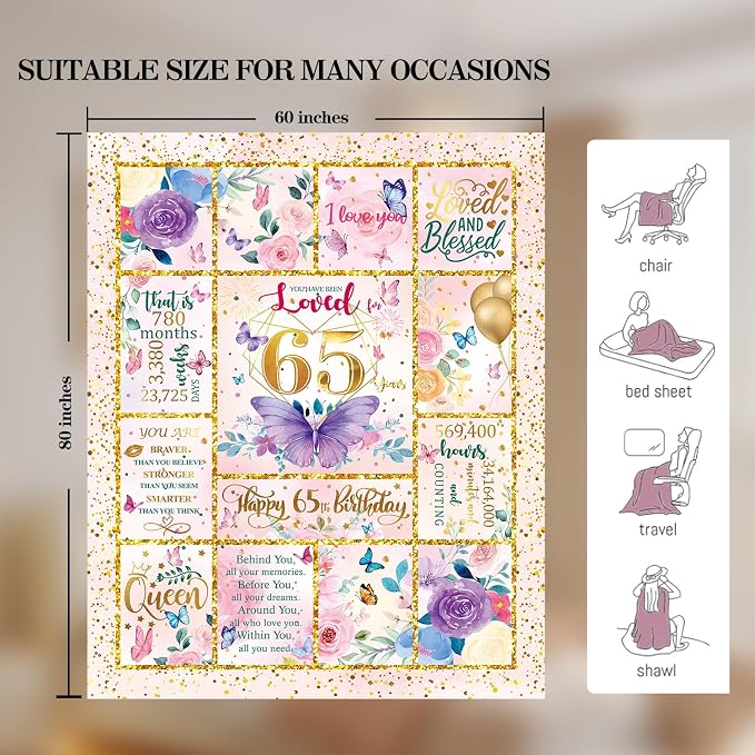 65th Birthday Gifts for Her - 65 Year Old Gifts for Women Mom - 65th Milestone Birthdays Blanket -65th Birthday Blanket for Women - Warm Soft Plush Flannel Throw Blankets (80"x60")