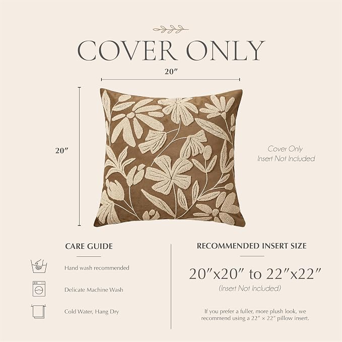 BlissBlush 20x20 Throw Pillow Cover, Square Brown Decorative Cushion Cover for Couch Sofa, Embroidered Velvet Farmhouse Accent Pillowcase (Cover Only)