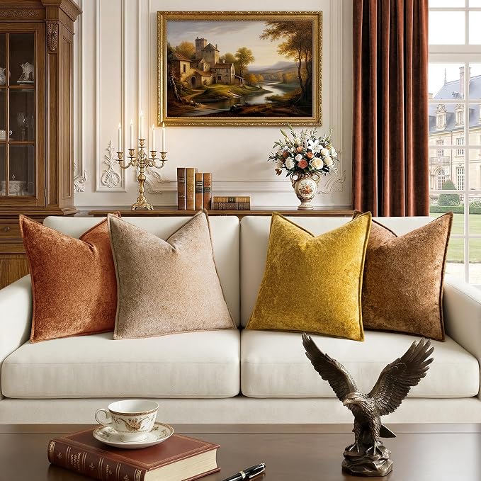 a moment Throw Pillow Covers 18X18 Inch 4 Packs,Soft Velvet Decorative Pillow Cases with 3D Ice Flower,Texture Modern Accent Cushion Covers for Sofa Couch Home Decor Maple Dusk