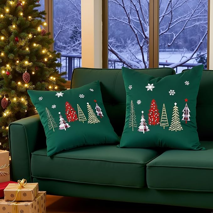 Christmas Embroidery Throw Pillow Covers 20 x 20 inch Set of 2 Christmas Decor Velvet Pillowcases Forest Green Xmas Trees Cushion Pillow Cases Soft Square Holiday Pillowcase