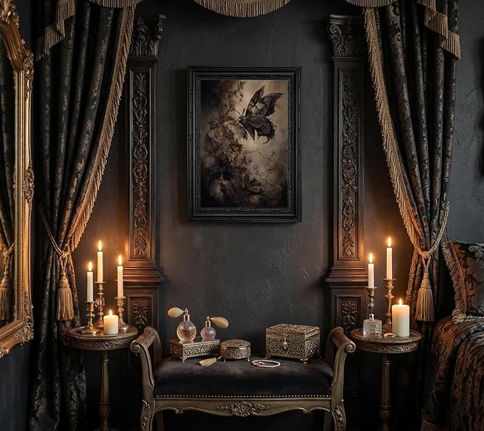 Black Framed Gothic Moth Canvas Wall Art, Vintage Dark Floral Painting Picture Wall Decor, Witchy Moody Insect Poster Prints Artwork for Bedroom Living Room Kitchen Home Decoration, 12x16in