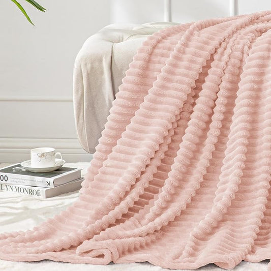 BEDELITE Ribbed Jacquard Light Pink Fleece Twin Blanket for Bed, 60x80 Inch | Soft Warm Decorative Fluffy Blanket, Cozy Plush Lightweight Fuzzy Throw Blanket for Couch Sofa Room Decor, Gift for Women