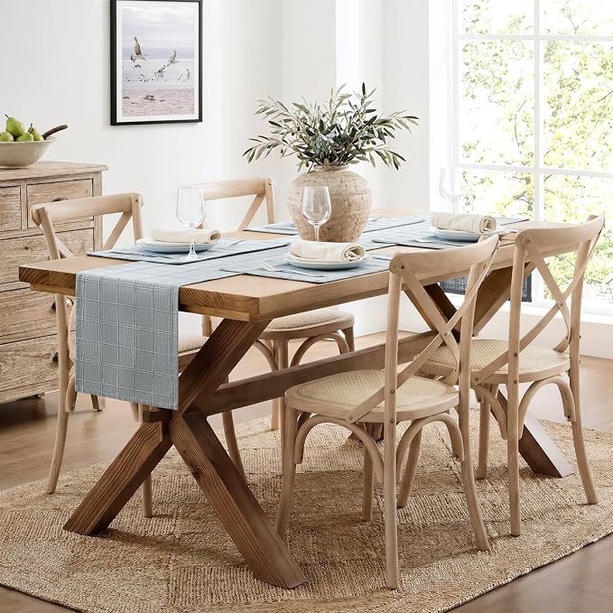 ZeeMart Linen Checked Farmhouse Table Runner, 13x36 Inches Chambray | Raised Grid Design, Rich Woven Texture, Linen Blend Table Runners 36 Inches Long, Machine Washable, Boho Home Kitchen Decor
