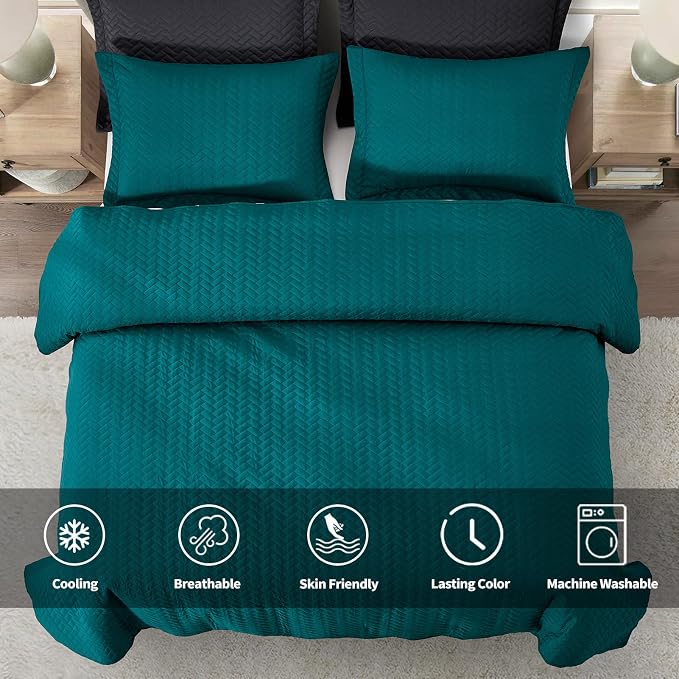 Maple&Stone Teal Quilt Set Queen Size, Lightweight Bedspread | Breathable Coverlet with Chevron Pattern, All-Season Dorm Bed Cover Set Bedding Decor 3 Piece