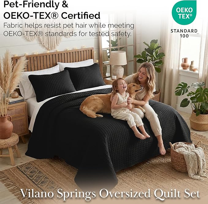 Southshore Fine Living, Inc. Oversized King Quilt Bedding Set, Microfiber Quilts, Pet Hair Resistant Bedding, Oversized King Size Quilt Set w/2 Pillow Shams, Black Bedspread & Coverlet Sets
