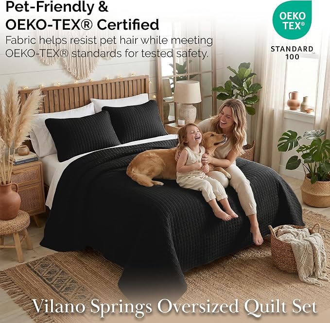 Southshore Fine Living, Inc. Quilts Queen Size Sets, Full Quilt Bedding Set, Pet Hair Resistant Bedding Coverlet Queen Size, Full Size Quilt, Microfiber Bedspread with 2 Pillow Shams, Black Quilts