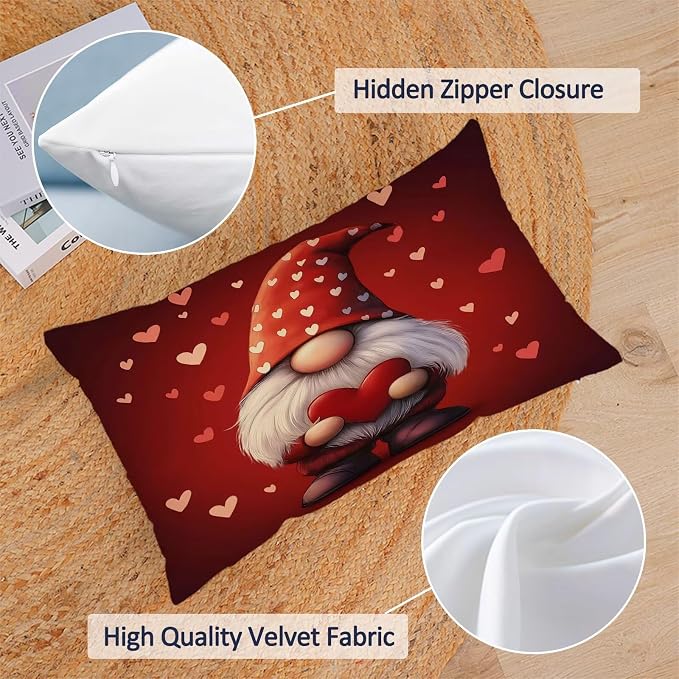 YeeJu Happy Valentines Day Pillow Covers 12x20 Set of 4 Red Love Heart Gnome Pillow Cases Velvet Wedding Anniversary Love You Cushion Covers for Outdoor Couch Sofa Decoration(12X20)